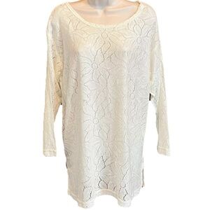 Express Tricot Vintage Scoop Neck Floral Knit Tunic Long Sleeve Top Small White